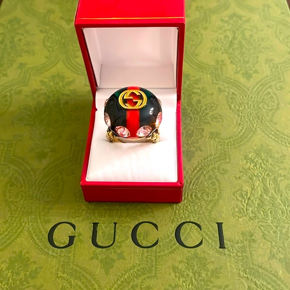 Gucci interlocking GG Dome Ring Sherry Line Red and Green with pink crystals - Picture 3 of 7